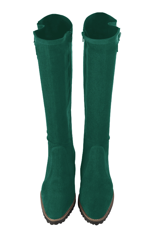 Botte femme : Bottes femme cavalières sur mesures couleur vert émeraude. Bout rond. Semelle gomme talon plat. Vue du dessus - Florence KOOIJMAN