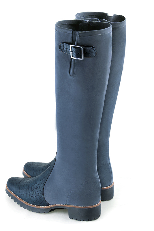 Botte femme : Bottes femme cavalières sur mesures couleur bleu denim. Bout rond. Semelle gomme talon plat. Vue arrière - Florence KOOIJMAN