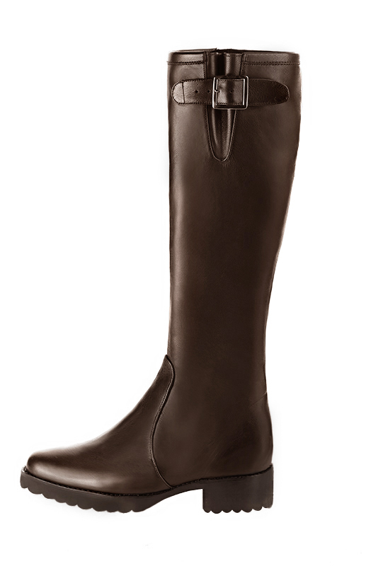 Botte femme : Bottes femme cavalières sur mesures couleur marron ébène. Bout rond. Semelle gomme talon plat. Vue de profil - Florence KOOIJMAN