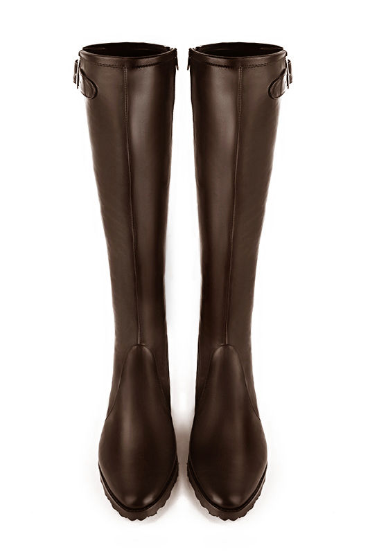 Botte femme : Bottes femme cavalières sur mesures couleur marron ébène. Bout rond. Semelle gomme talon plat. Vue du dessus - Florence KOOIJMAN