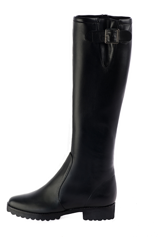 Bottes cavalière femme sur mesure noir satiné. Bout rond. Semelle en gomme - Vue de profil