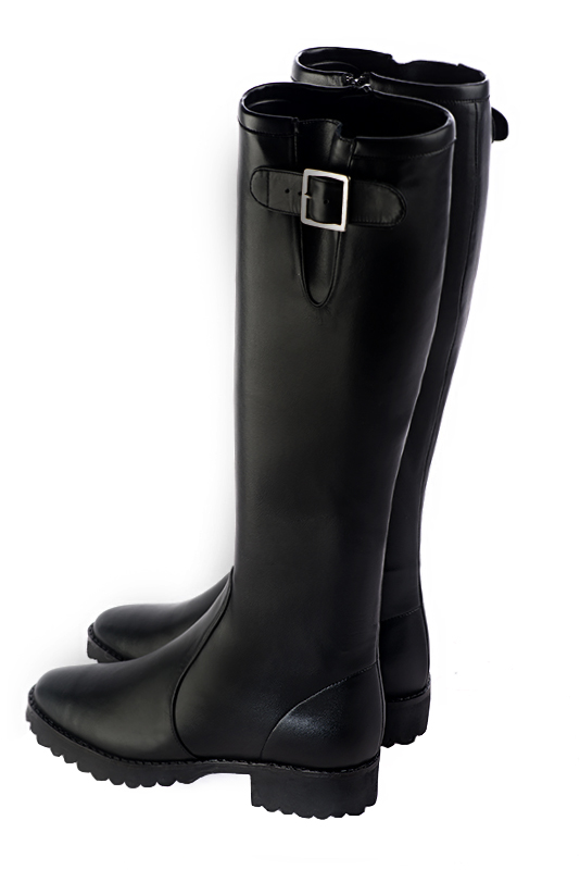 Bottes cavalière femme sur mesure noir satiné. Bout rond. Semelle en gomme - Vue arrière