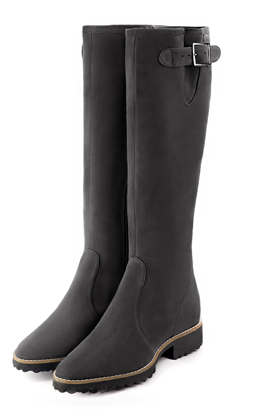 Bottes femme cavalières élégantes et raffinées, réalisées sur mesure, coloris gris acier. Bout rond. Semelle gomme plat. Mollets fins ou larges. Personnalisation : Choix des cuirs, des couleurs et des talons. - Florence KOOIJMAN