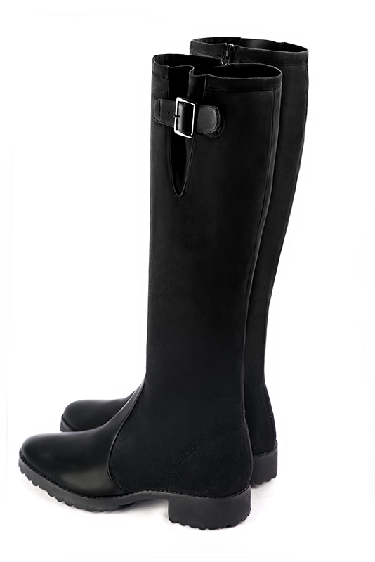 Botte femme : Bottes femme cavalières sur mesures couleur noir satiné. Bout rond. Semelle gomme talon plat. Vue arrière - Florence KOOIJMAN