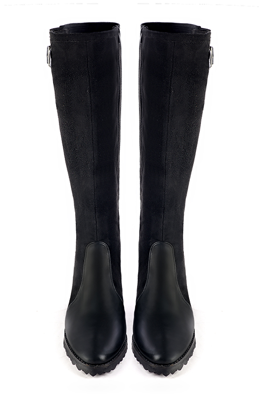 Botte femme : Bottes femme cavalières sur mesures couleur noir satiné. Bout rond. Semelle gomme talon plat. Vue du dessus - Florence KOOIJMAN