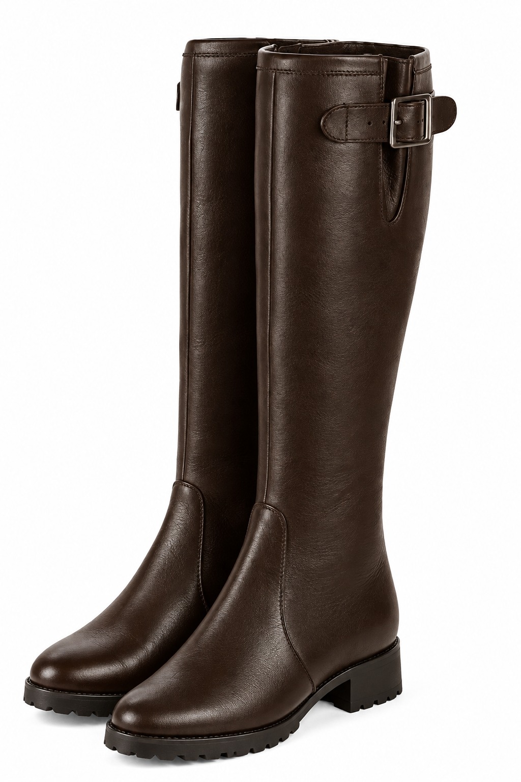 Bottes cavalière habillées femme sur mesure en cuir marron foncé à semelle en gomme et bout rond - Vue avant