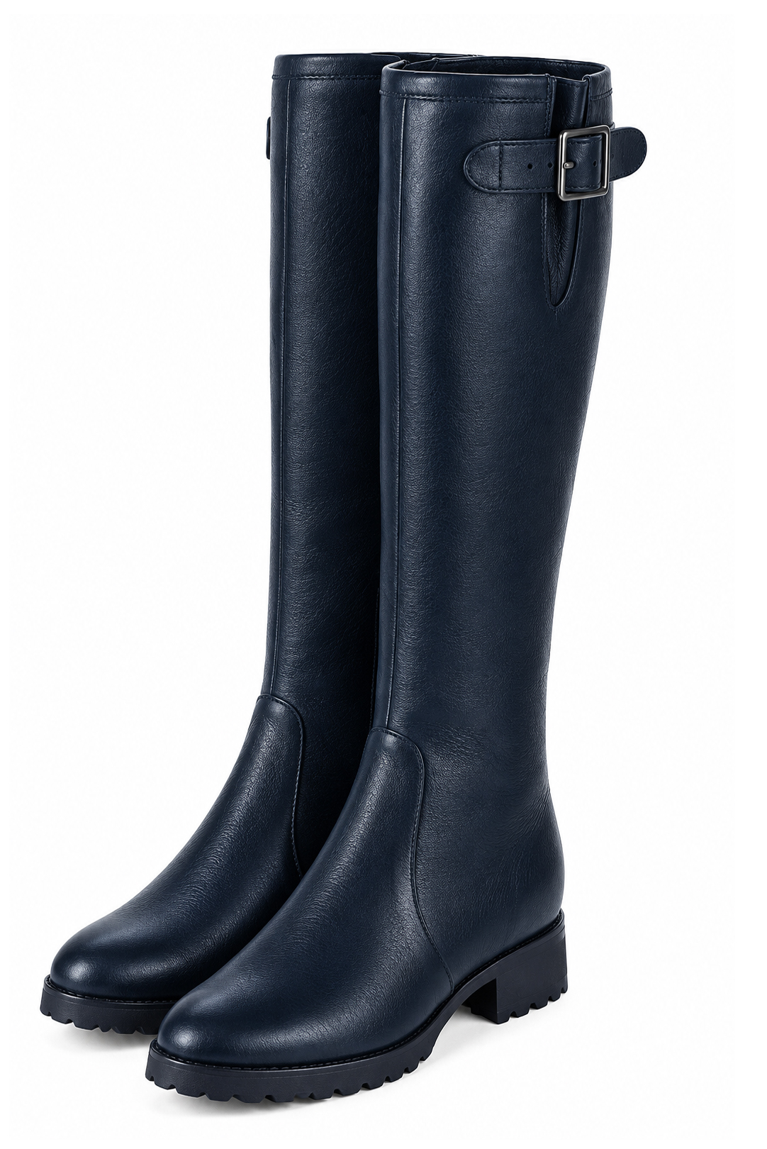 Bottes cavalières sur mesure pour femme en cuir bleu marine avec bout rond et semelle crantée en gomme - Vue avant