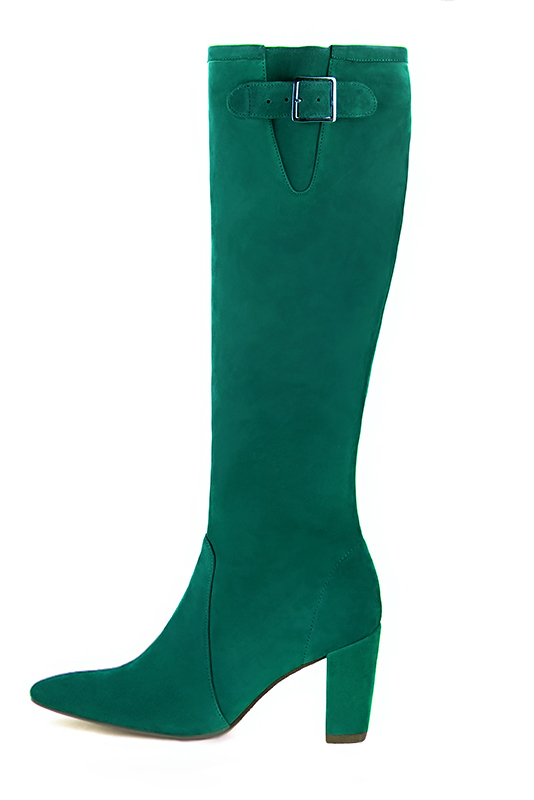 Botte femme : Bottes femme avec des boucles sur mesures couleur vert émeraude. Bout effilé. Talon haut bottier. Vue de profil - Florence KOOIJMAN