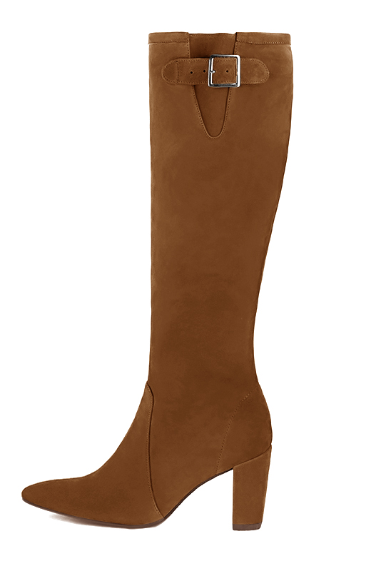 Botte femme : Bottes femme avec des boucles sur mesures couleur marron caramel. Bout effilé. Talon haut bottier. Vue de profil - Florence KOOIJMAN