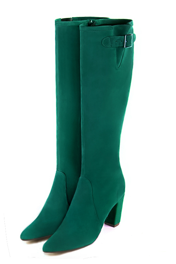 Botte femme : Bottes femme avec des boucles sur mesures couleur vert émeraude. Bout effilé. Talon haut bottier. Vue avant - Florence KOOIJMAN