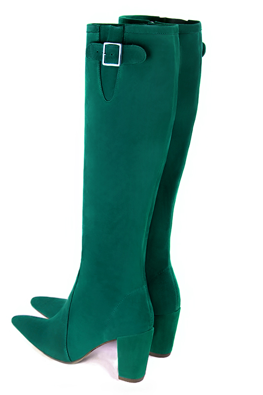 Botte femme : Bottes femme avec des boucles sur mesures couleur vert émeraude. Bout effilé. Talon haut bottier. Vue arrière - Florence KOOIJMAN