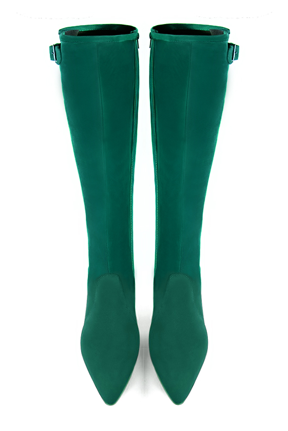 Botte femme : Bottes femme avec des boucles sur mesures couleur vert émeraude. Bout effilé. Talon haut bottier. Vue du dessus - Florence KOOIJMAN