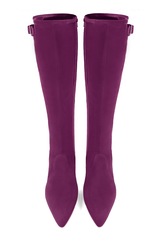 Botte femme : Bottes femme avec des boucles sur mesures couleur violet myrtille. Bout effilé. Talon haut bottier. Vue du dessus - Florence KOOIJMAN