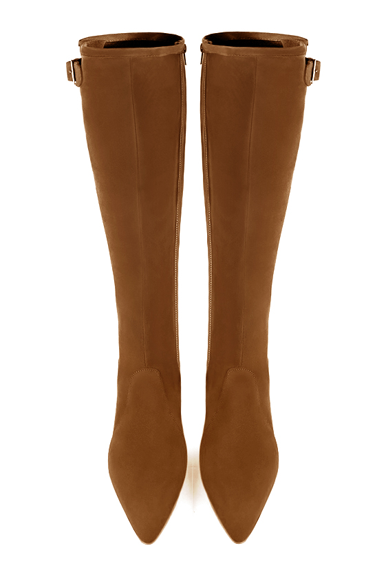 Botte femme : Bottes femme avec des boucles sur mesures couleur marron caramel. Bout effilé. Talon haut bottier. Vue du dessus - Florence KOOIJMAN