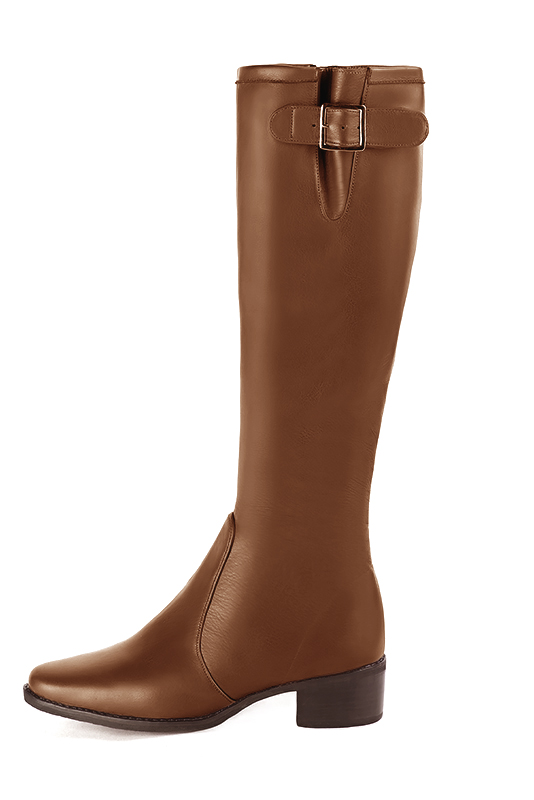 Botte femme : Bottes femme cavalières sur mesures couleur marron caramel. Bout rond. Semelle cuir petit talon. Vue de profil - Florence KOOIJMAN