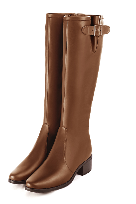 Botte femme : Bottes femme cavalières sur mesures couleur marron caramel. Bout rond. Semelle cuir petit talon. Vue avant - Florence KOOIJMAN