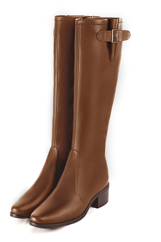 Botte femme : Bottes femme cavalières sur mesures couleur marron caramel. Bout rond. Semelle cuir petit talon. Vue avant - Florence KOOIJMAN