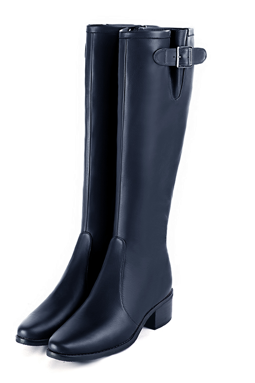 Botte femme : Bottes femme cavalières sur mesures couleur bleu marine. Bout rond. Semelle cuir petit talon. Vue avant - Florence KOOIJMAN