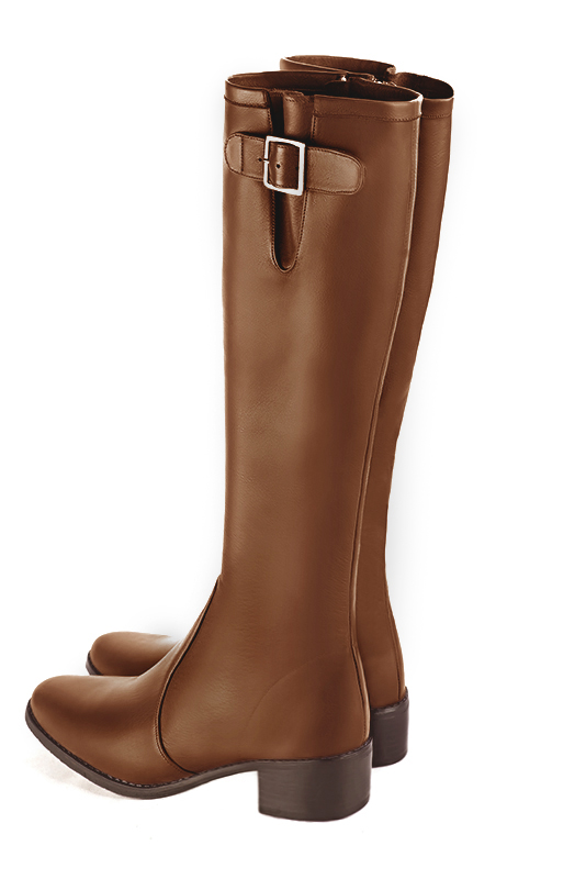 Botte femme : Bottes femme cavalières sur mesures couleur marron caramel. Bout rond. Semelle cuir petit talon. Vue du dessus - Florence KOOIJMAN