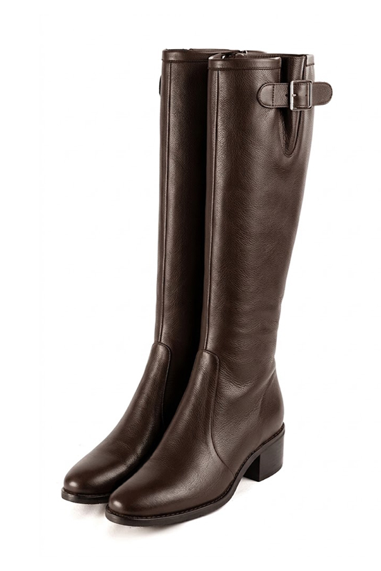 Bottes cavalière habillées femme sur mesure en cuir marron ébène à semelle en cuir de 4.5 cm et bout rond - Vue avant