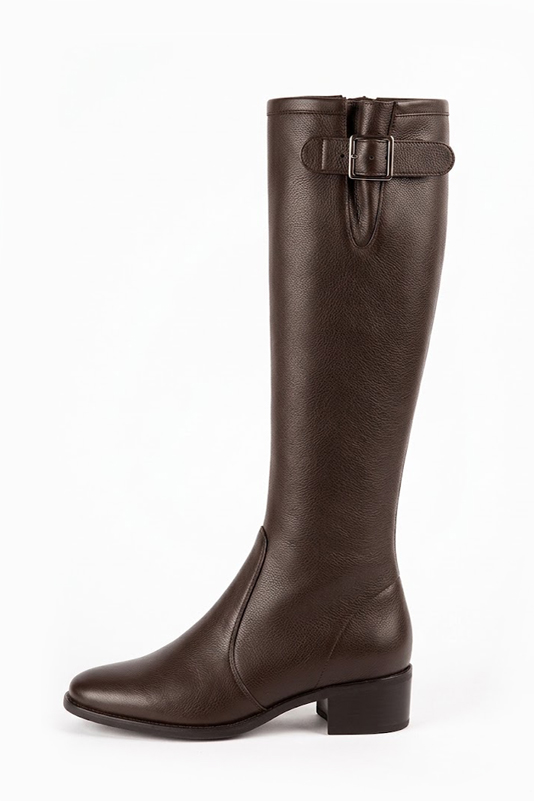 Bottes cavalière habillées femme sur mesure en cuir marron ébène à semelle en cuir de 4.5 cm et bout rond - Vue de profil