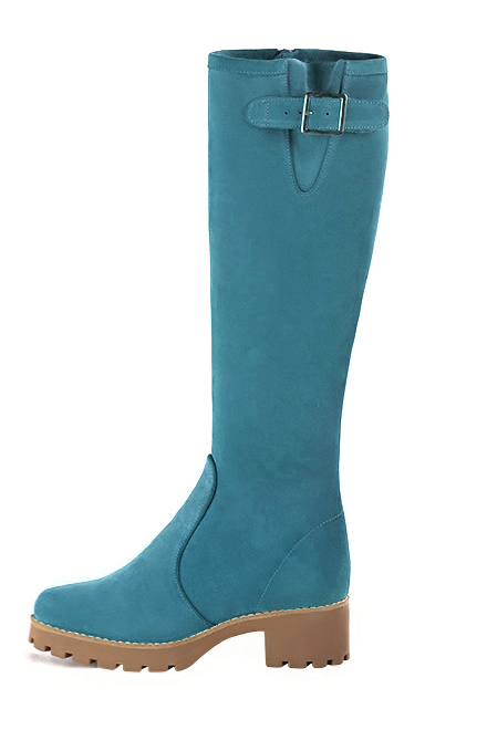 Bottes à boucles ajustables sur mesure pour femme en cuir bleu canard avec  et  - Vue porté
