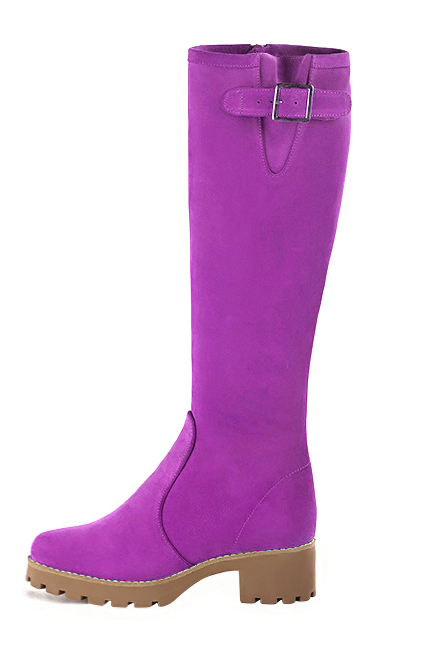 Botte femme : Bottes femme avec des boucles sur mesures couleur violet mauve.. Vue de profil - Florence KOOIJMAN