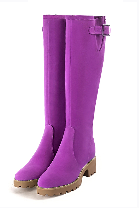 Botte femme : Bottes femme avec des boucles sur mesures couleur violet mauve.. Vue avant - Florence KOOIJMAN