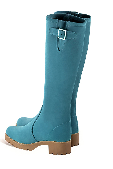 Bottes à boucles ajustables sur mesure pour femme en cuir bleu canard avec  et  - Vue de profil