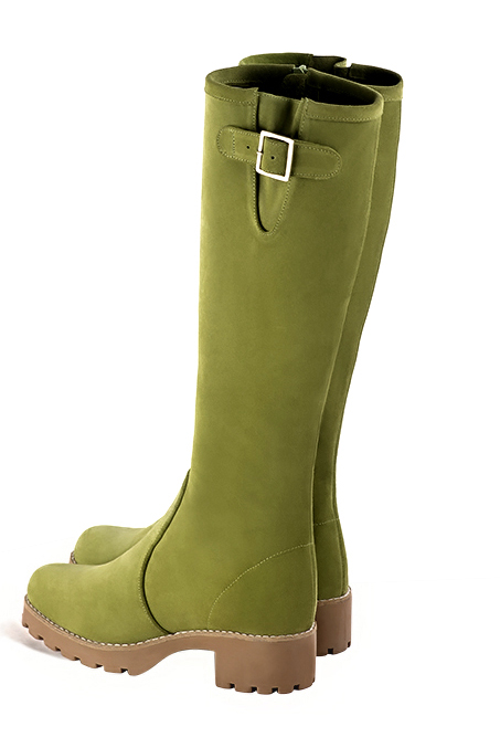 Bottes à boucles ajustables sur mesure pour femme en cuir vert pistache avec  et  - Vue de profil