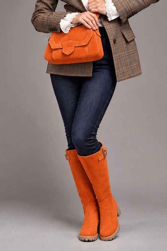 Bottes à boucles ajustables sur mesure pour femme en cuir orange avec  et  - Vue du dessus