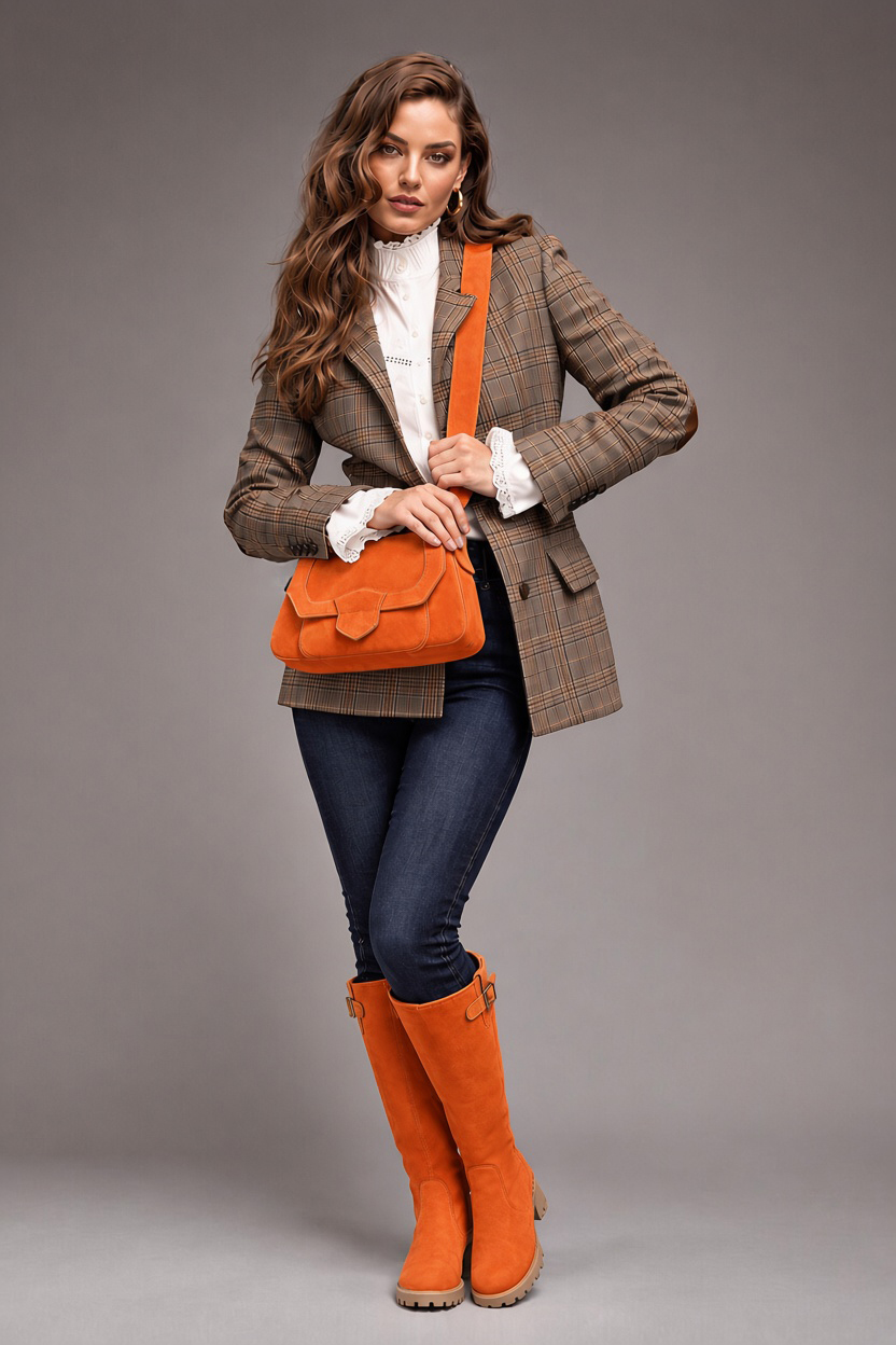 Bottes à boucles ajustables sur mesure pour femme en cuir orange avec  et  - Vue arrière