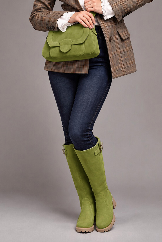 Bottes à boucles ajustables sur mesure pour femme en cuir vert pistache avec  et  - Vue du dessus