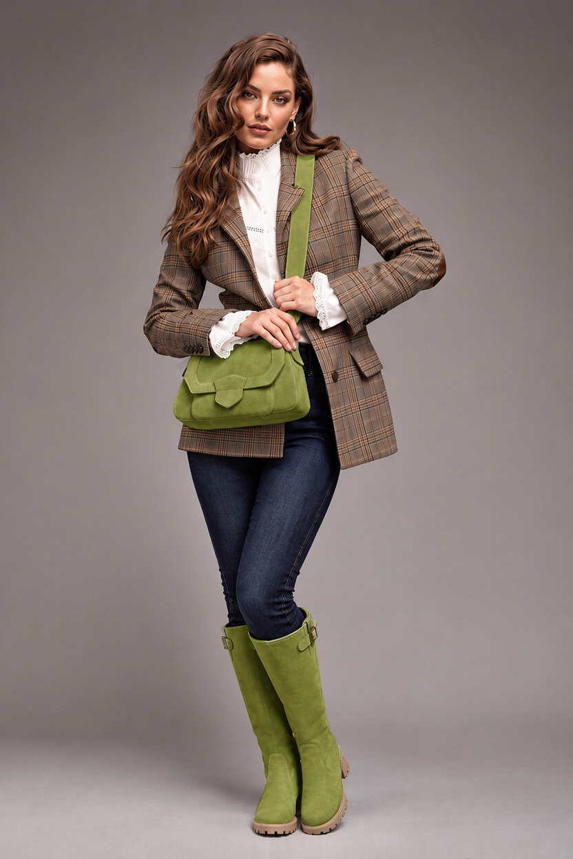 Bottes à boucles ajustables sur mesure pour femme en cuir vert pistache avec  et  - Vue arrière
