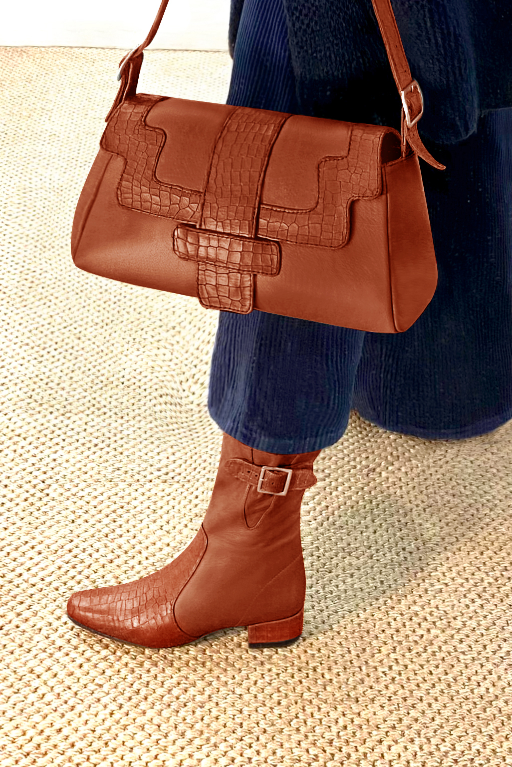 Sac porté à l'épaule habillé femme en cuir orange corail - Vue porté