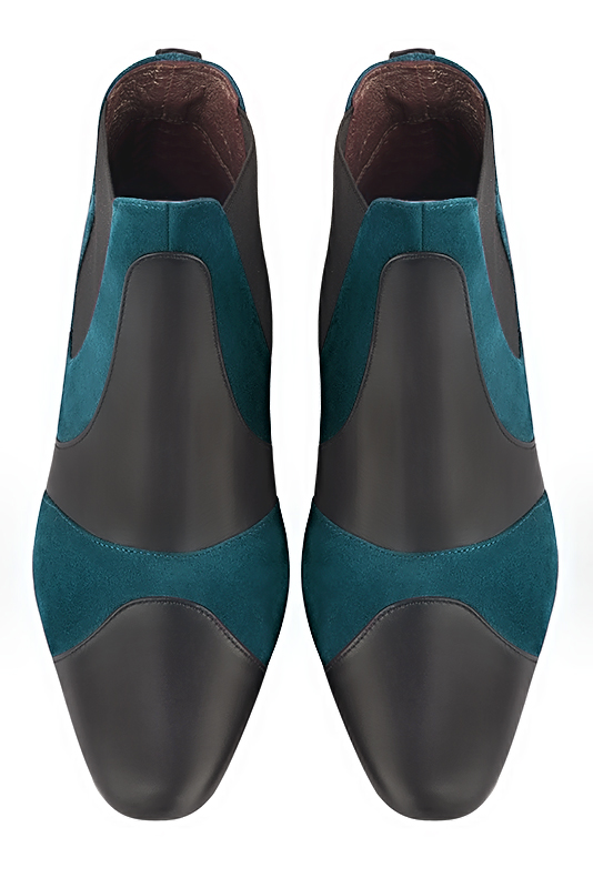 Bottines femme avec des élastiques gris acier et bleu canard. Bout rond. Talon évasé de 4.5 cm - Vue du dessus