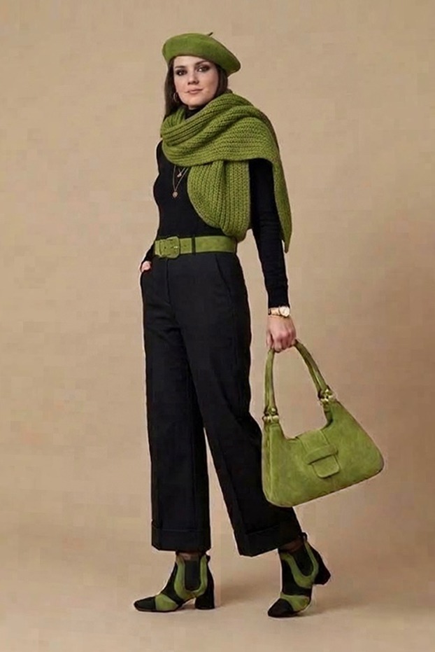 Bottines habillées femme avec élastiques en cuir noir mat et vert pistache à talon évasé de 4.5 cm et bout rond - Vue du dessus