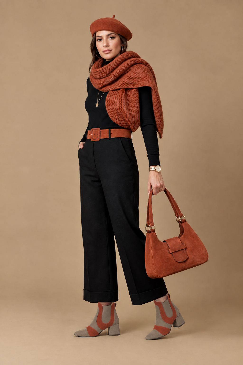 Bottines bicolores avec des élastiques pour femme en cuir sable, terracotta et taupe avec bout rond et talon évasé de 4.5 cm - Vue du dessus