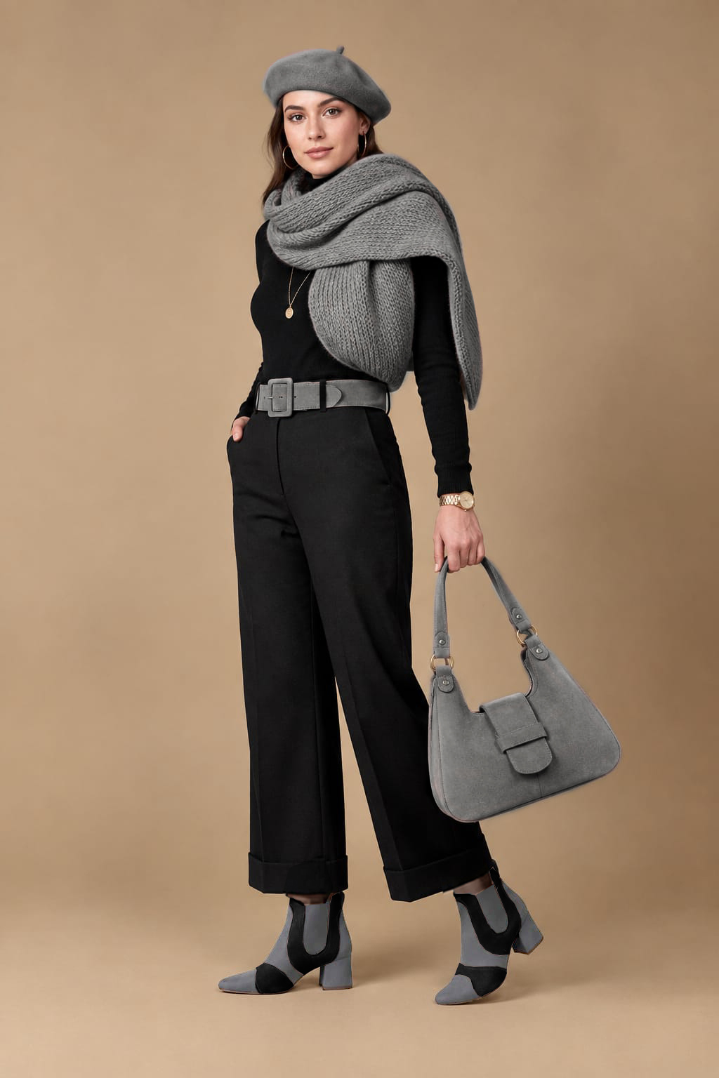 Bottines habillées femme avec élastiques en cuir gris tourterelle, noir mat et gris acier à talon évasé de 4.5 cm et bout rond - Vue du dessus