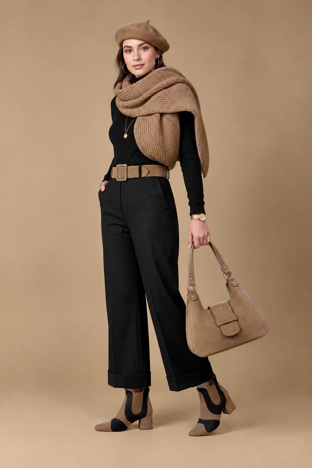 Bottines habillées femme avec élastiques en cuir beige biscuit, noir mat et beige camel à talon évasé de 4.5 cm et bout rond - Vue du dessus