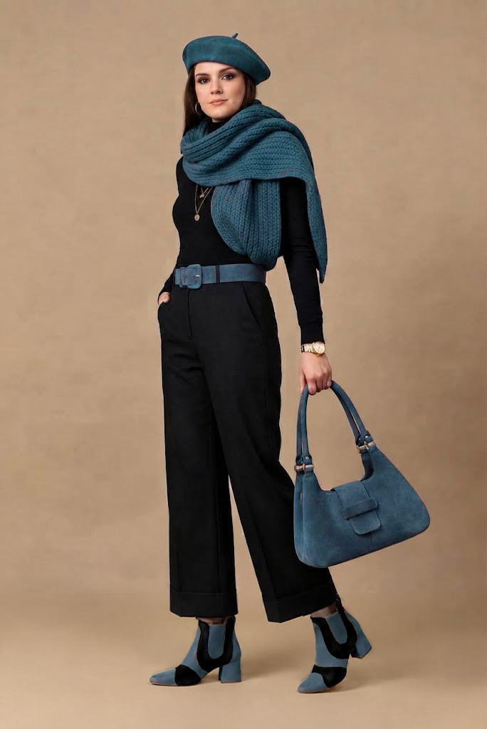 Bottines habillées femme avec élastiques en cuir noir mat et bleu canard à talon évasé de 4.5 cm et bout rond - Vue du dessus