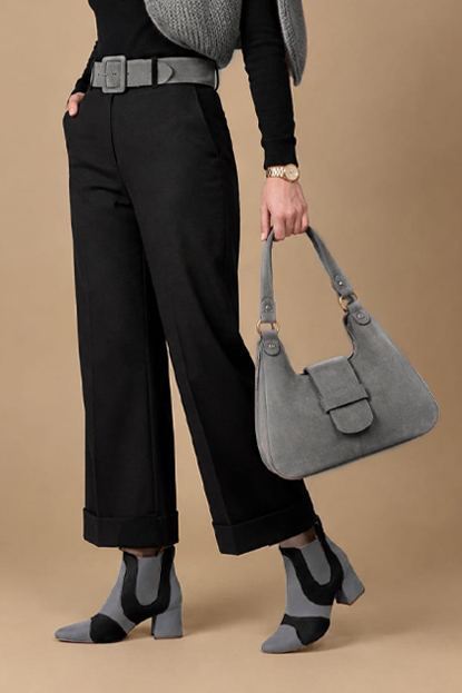 Bottines habillées femme avec élastiques en cuir gris tourterelle, noir mat et gris acier à talon évasé de 4.5 cm et bout rond - Vue porté