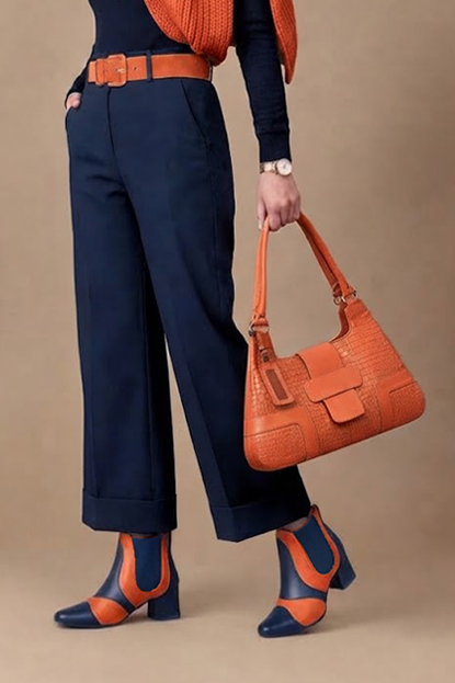 Bottines bicolores avec des élastiques pour femme en cuir bleu marine et orange avec bout rond et talon évasé de 4.5 cm - Vue porté