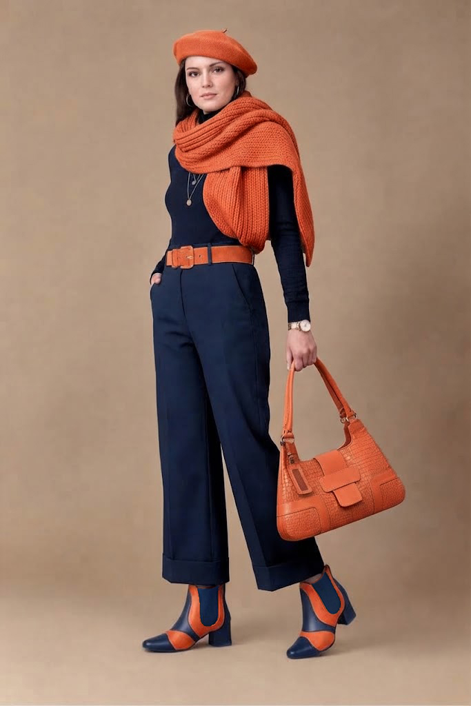 Bottines bicolores avec des élastiques pour femme en cuir bleu marine et orange avec bout rond et talon évasé de 4.5 cm - Vue du dessus