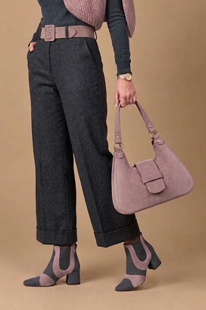 Bottines habillées femme avec élastiques en cuir gris acier et vieux rose à talon évasé de 4.5 cm et bout rond - Vue porté