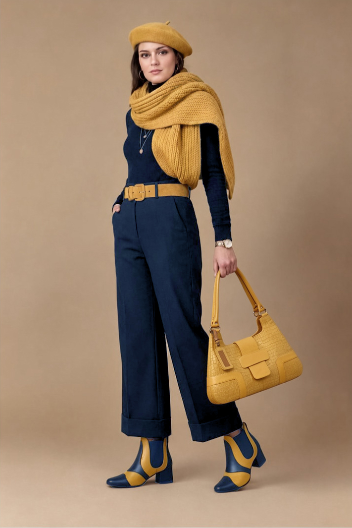 Bottines bicolores avec des élastiques pour femme en cuir bleu marine et jaune moutarde avec bout rond et talon évasé de 4.5 cm - Vue du dessus