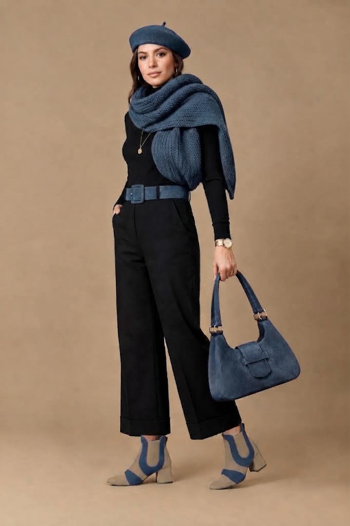 Bottines bicolores avec des élastiques pour femme en cuir sable, bleu denim et bronze avec bout rond et talon évasé de 4.5 cm - Vue du dessus