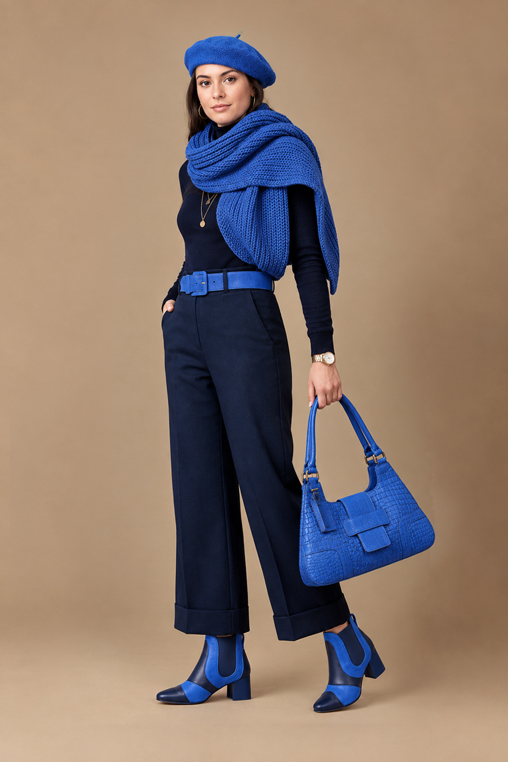 Bottines habillées femme avec élastiques en cuir bleu marine et bleu électrique à talon évasé de 4.5 cm et bout rond - Vue du dessus