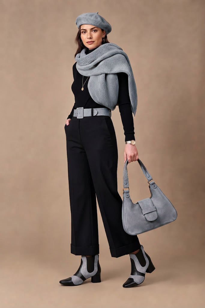 Bottines habillées femme avec élastiques en cuir noir satiné, gris souris et noir mat à talon évasé de 4.5 cm et bout rond - Vue du dessus