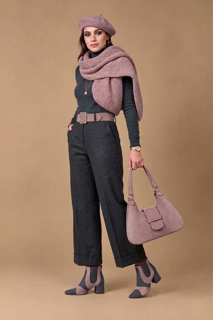 Bottines habillées femme avec élastiques en cuir gris acier et vieux rose à talon évasé de 4.5 cm et bout rond - Vue du dessus